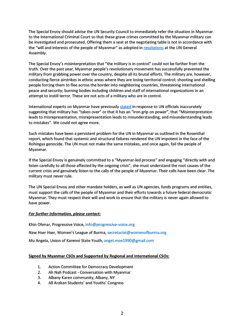 247 CSOs reject UN Special Envoy's proposal that those defying junta must negotiate a power sharing as a solution to the current crisis created by the terrorist #Myanmar junta. raise alarm at her misinterpretation that the “military are in control”. Read: bit.ly/3uh8E2Z