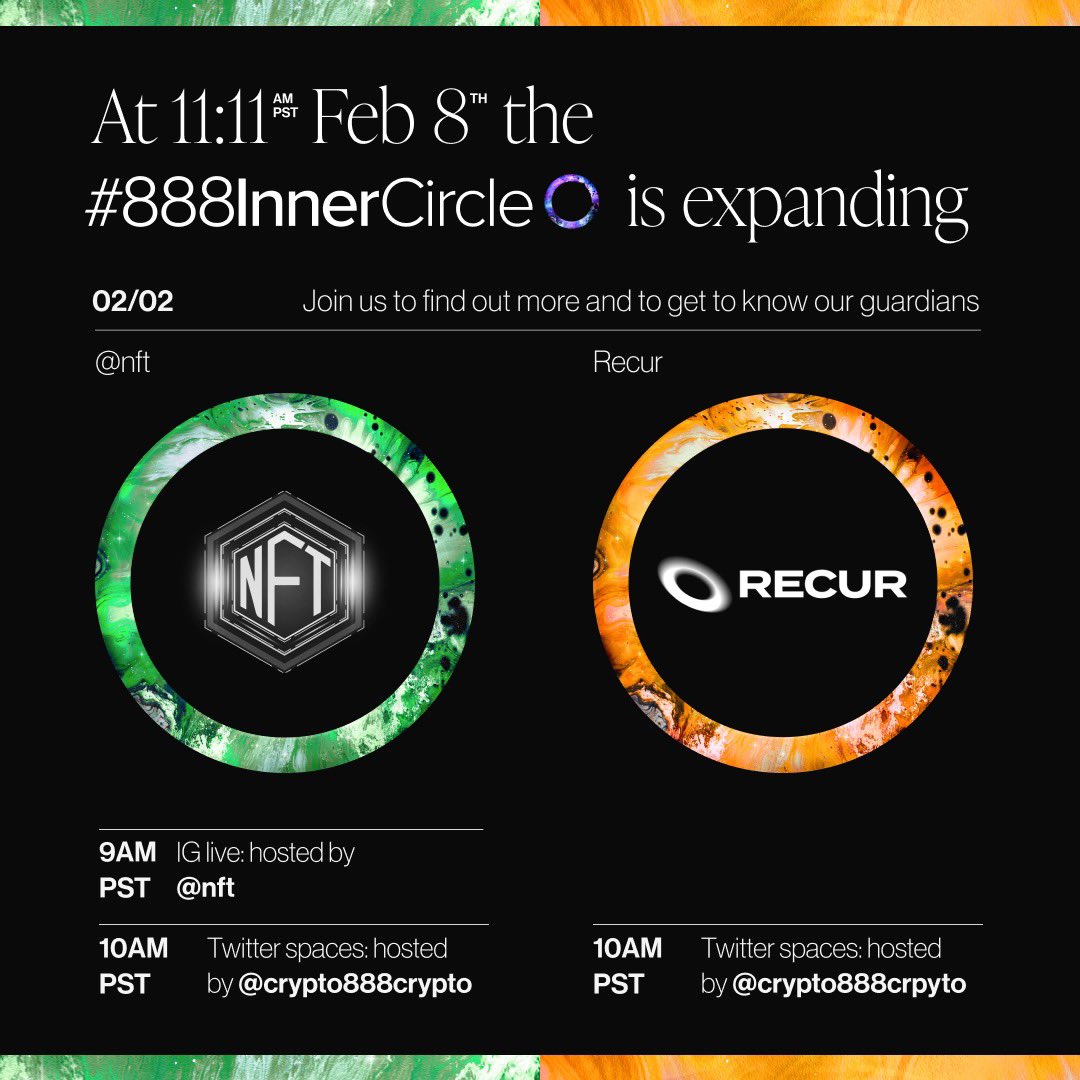 crypto888crypto's tweet image. Make sure to join us today on IG live hosted by @nft at 9am PST and then Twitter spaces at 10am PST to find out all about the #888InnerCircle expansion 🤍✨