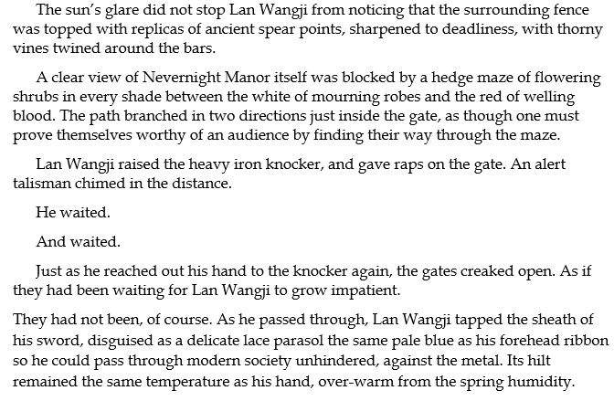for #mdzsww : lwj glaring at a gate as I mentioned a few days ago! cultivator lwj is sent to multi-millionaire wrh's manor in jazz age shanghai to hunt a monster, and might just fall in love with said monster instead 

this is a fill for #bottomjitropesfest