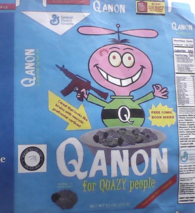 CultJamPro's tweet photo. @JDVance1 @ZazousLes Here's a sneak peek of a Warholesque cereal box that addresses #QANON, a fav of J.D. Vance's friend MTG. Another part of the exhibit will address Opie's adaptation of Hillbilly Elegy. https://t.co/Wb7dtFmHLN