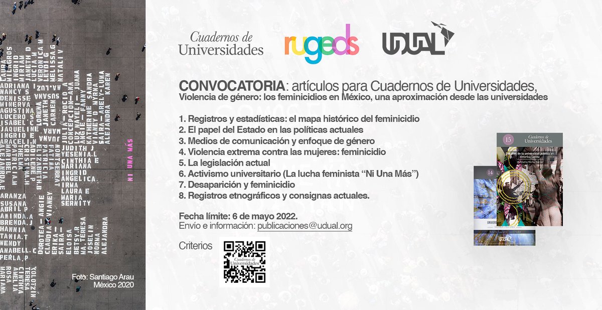 rugeds_'s tweet photo. Les invitamos a participar en la Convocatoria de artículos para Cuadernos de la Revista Universidades.

Temática "Violencia de género: los feminicidios en México, una aproximación desde las universidades".

Bases https://t.co/rUFtBJUCxc https://t.co/ZQ8Ohb2Ta0