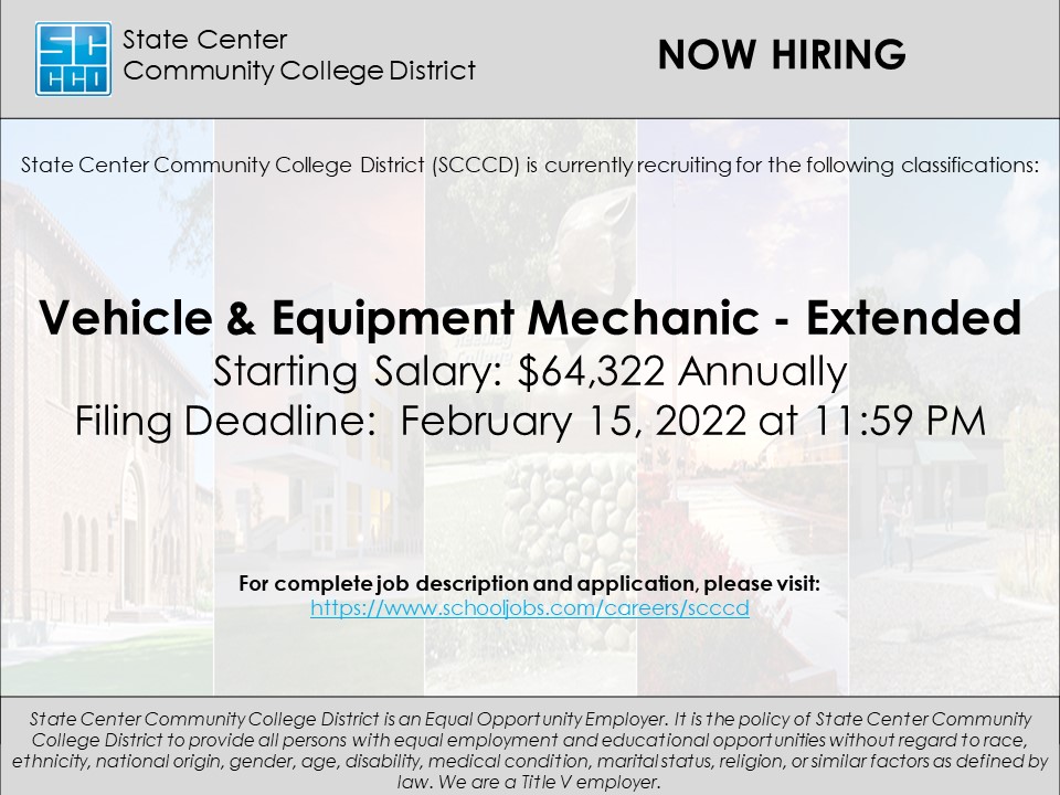 Currently recruiting for Vehicle &amp; Equipment Mechanic - EXTENDED.  Visit schooljobs.com/careers/scccd for more information and how to apply! #scccd #careersinhighered