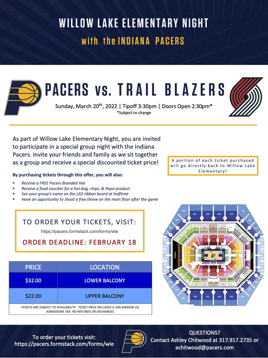 Our Indiana Pacers Fundraiser is back! Enjoy a 🏀 game with your Willow Lake Elementary friends &amp; earn $ for our school at the same time! See the attached flyer for ticket options. All tickets must be ordered by 2/18! To order tickets, click here: pacers.formstack.com/forms/wle