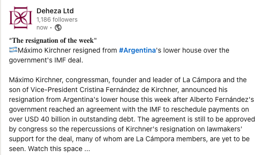 “𝐓𝐡𝐞 𝐫𝐞𝐬𝐢𝐠𝐧𝐚𝐭𝐢𝐨𝐧 𝐨𝐟 𝐭𝐡𝐞 𝐰𝐞𝐞𝐤"
🇦🇷  Máximo Kirchner resigned from #Argentina's lower house over the government's IMF deal.
#tidings #deheza #argentina #maximokirchner #politics #resignation #IMFdeal #LaCampora #AlbertoFernandez  #IMF