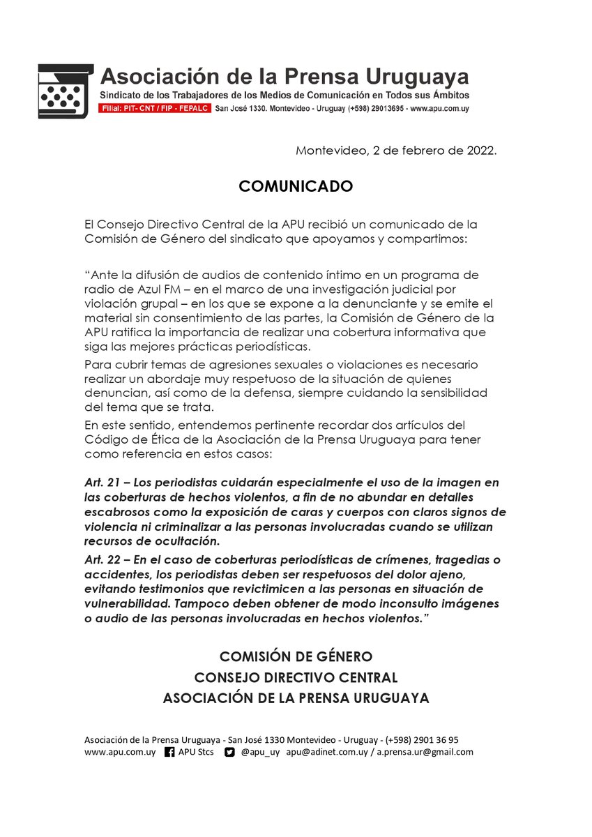 SolBauza's tweet photo. Desde la Comisión de Género de @apu_uy repudiamos el abordaje del programa @lapecera1019 de Ignacio Nacho Álvarez que en su emisión 1/2 abordó la violación grupal denunciada en Cordón el 23/1 @FiscaliaUruguay ordenó investigación de oficio x Violencia de Género 19580 #QueArda🔥 https://t.co/G32mhTJrGx