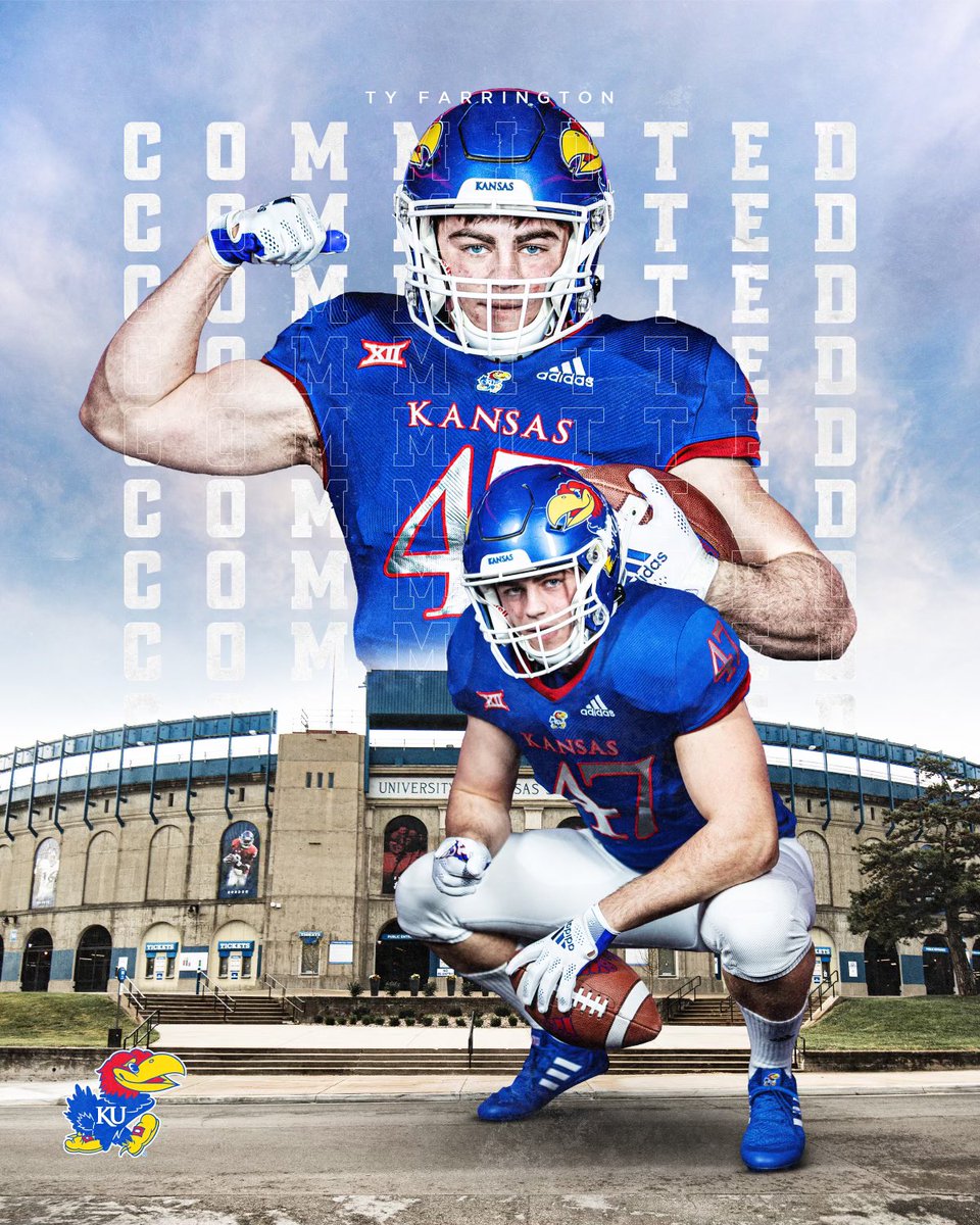 TyFarrington48's tweet photo. After a great talk with @CoachSchoonie, I am thrilled to announce my committment to play football at the University of Kansas. Thank you to all the coaches, family, and friends that have made this dream possible for me. Rock Chalk!🔴🔵 @KU_Football @CoachLeipold @CoachSimps https://t.co/ULrEgolJ3N