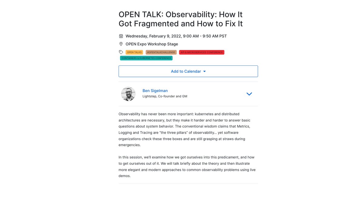 I'm doing a talk next Weds, "Observability: How It Got Fragmented and How to Fix It" – I think it will be fun, and hopefully also practical and specific. Please join me!

(This is part of DeveloperWeek 2022: developerweek.com/conference/)