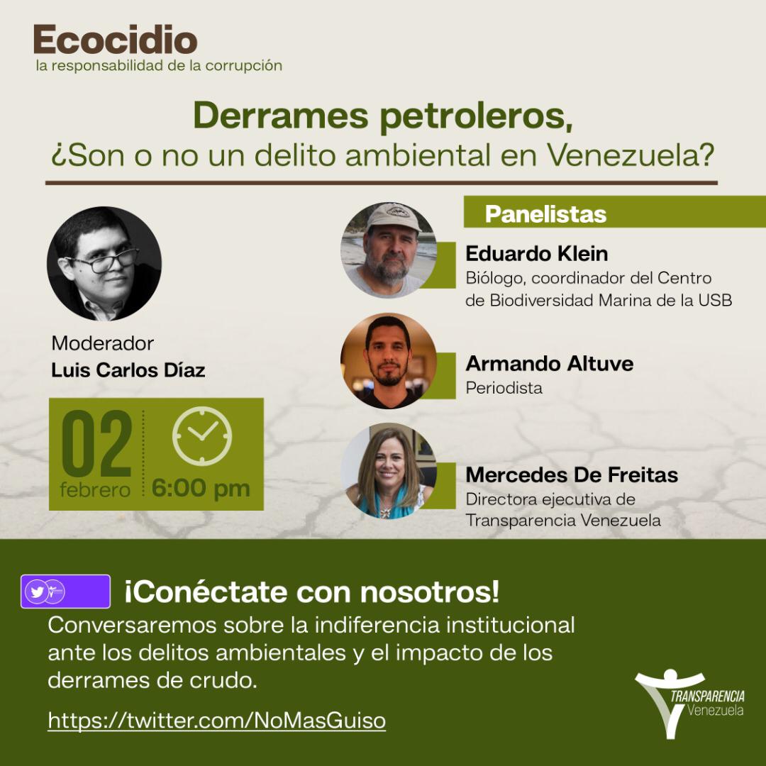 En minutos comienza nuestro evento: Derrames petroleros ¿Son o no un delito ambiental en Venezuela? en #TwitterSpaces 

Ponentes: 
<a href="/soymerchy/">Mercedes De Freitas</a> 
<a href="/ArmandoAltuve/">Armando Altuve B.</a> 
<a href="/diodon321/">diodon histrix</a>

Moderado por: <a href="/LuisCarlos/">Luis Carlos 🏴‍☠️ One Piece</a>
