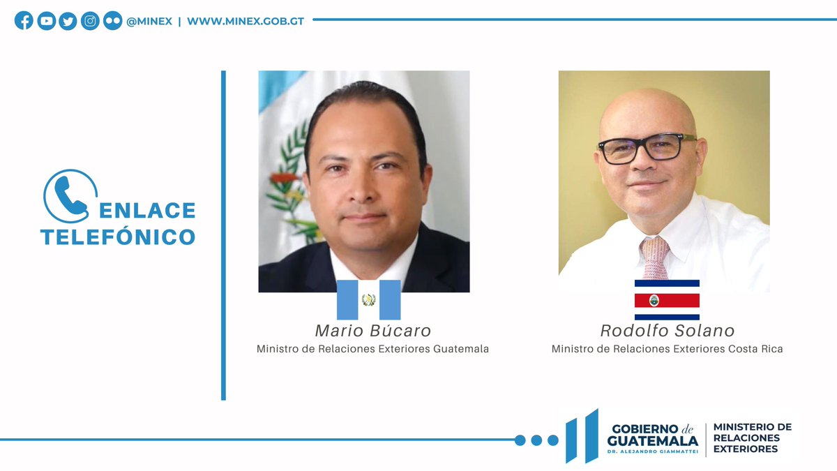 CancillerGT @MarioBucaroGT dialogó con su homólogo costarricense Rodolfo  Solano. Reiteraron la coincidencia de valores compartidos, la solidez de la  relación bilateral, y la activa colaboración en el ámbito regional y  multilateral.