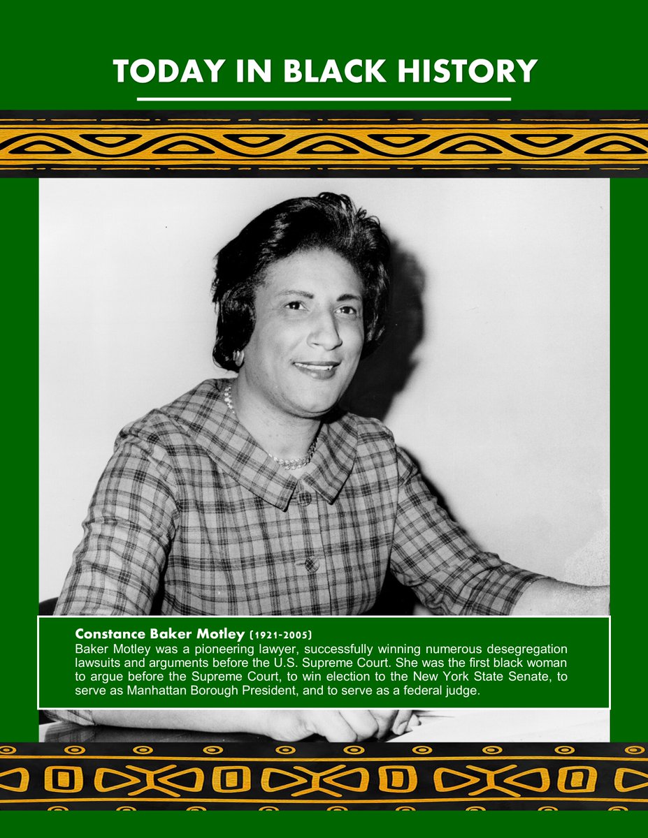 #BlackHistoryMonth Constance Baker Motley (1921-2005)
Pioneering lawyer, who successfully won numerous desegregation lawsuits. First black woman to argue before Supreme Court, win election to the New York State Senate, serve as Manhattan Borough President, and federal judge.