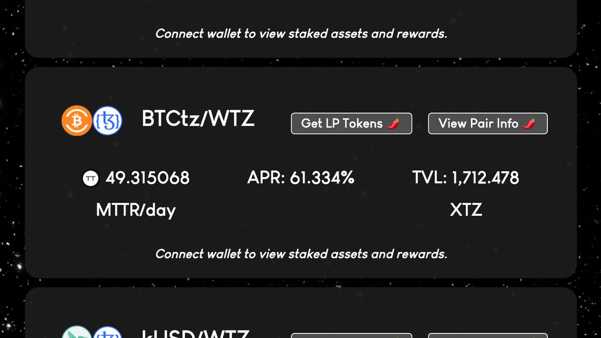 61.334% APR currently for BTCtz/WTZ farm on MatterDeFi! BTCtz (<a href="/BTC_Tez/">BTC Tez (BTCtz) | Tezos-wrapped Bitcoin</a>) farm providers are currently earning the highest yield of any farm on MatterDeFi (<a href="/matter_defi/">Matter Defi ⚫⚪</a>)! 
Get BTCtz: btctz.com/get.html
Farm BTCtz/WTZ: matterdefi.xyz
#Tezos