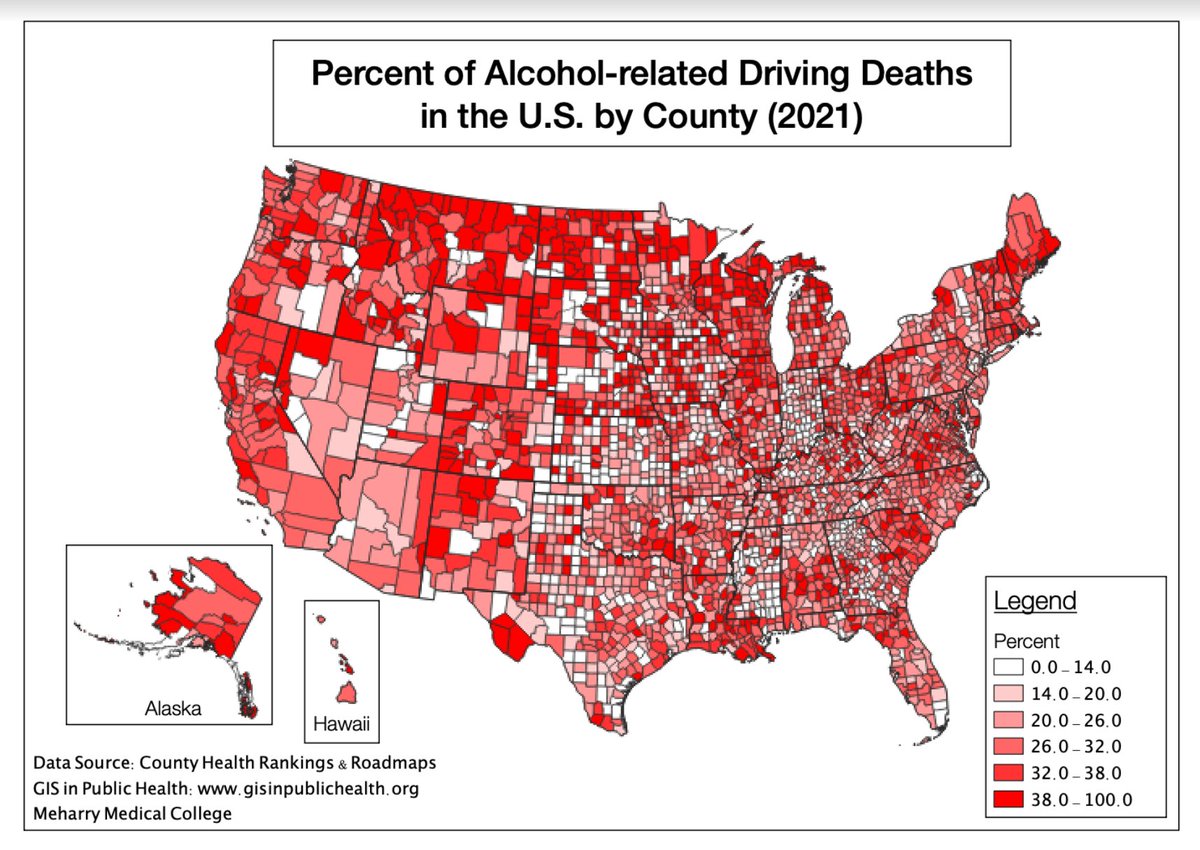 gis_meharry's tweet photo. Using #QGIS students were able to create a map showing the Percent of Alcohol-related Driving Death in the U.S. (County Health Rankings &amp; Roadmaps, 2021) #Thoughts ? #Meharry #PublicHealth #GIS @wansoo https://t.co/IhgYkjwdbw