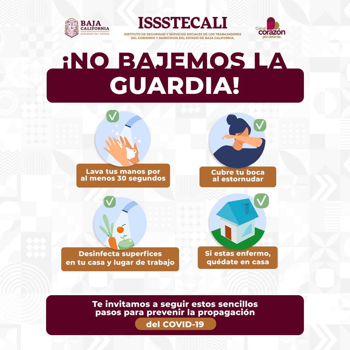 issstecalibc's tweet photo. ¡𝐍𝐎 𝐁𝐀𝐉𝐄𝐌𝐎𝐒 𝐋𝐀 𝐆𝐔𝐀𝐑𝐃𝐈𝐀!

También puedes prevenir el contagio siguiendo estos pasos ☝🏻

#issstecali #bajacalifornia #conelcorazonpordelante #recomendaciones #covid https://t.co/ENaaYFD3zF