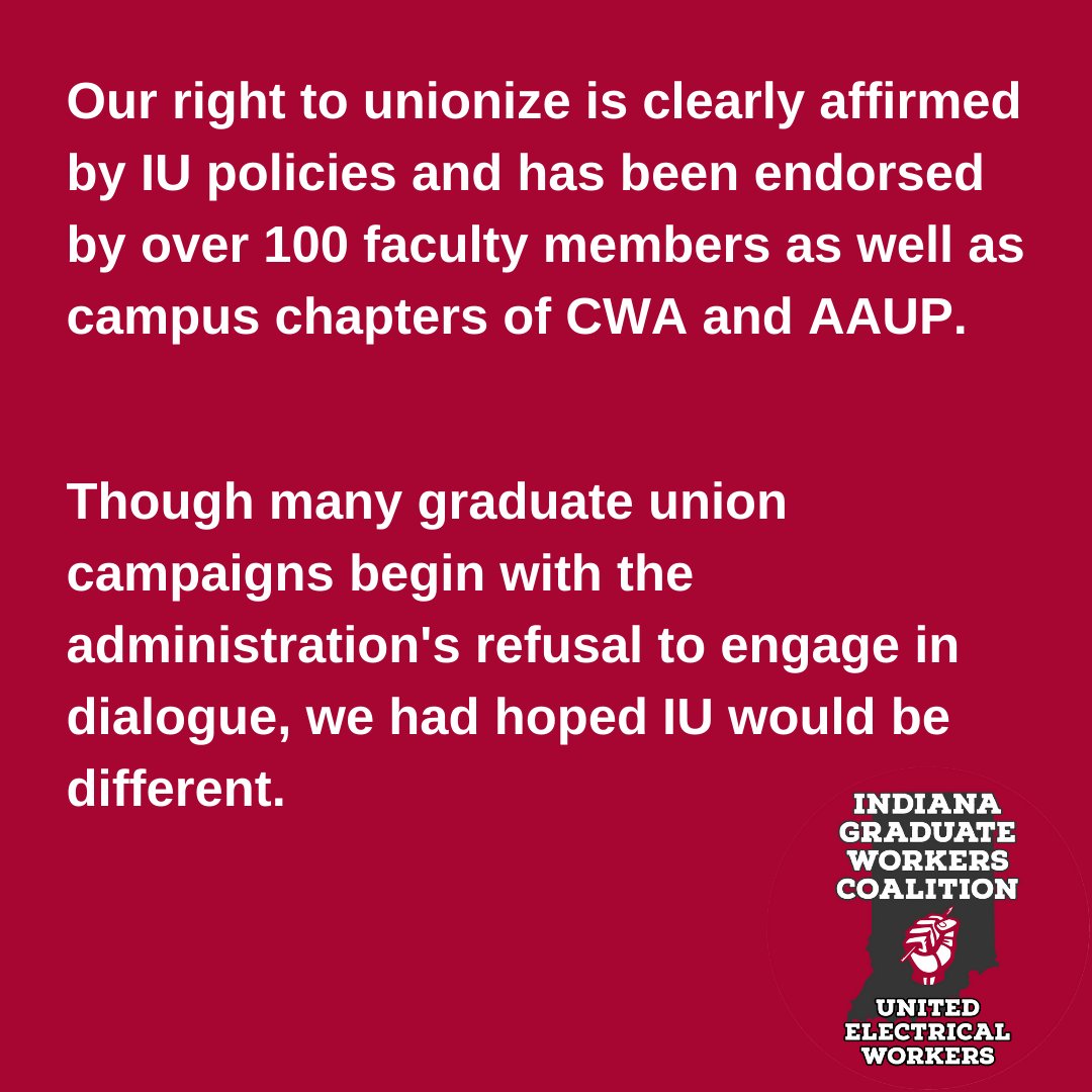 IndianaGrads's tweet image. FOR IMMEDIATE RELEASE: Last December, we submitted 1600 cards and requested a union election. Yesterday, IU administration rejected our request for dialogue. Our full statement in following tweet.