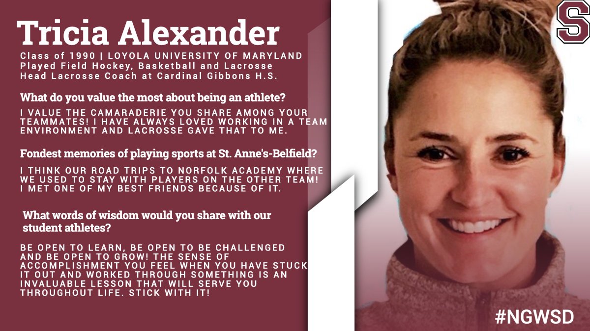 STABAlumni's tweet photo. National Girls and Women in Sports Day #alumnispotlight part 10, Tricia Alexander '90! #NGWSD
Don't forget to join us for the Alumni Aspirations Webinar starting in 1 hour to celebrate NGWSD! Register here: https://t.co/lg6npFiXQa https://t.co/k4cLApD7hr