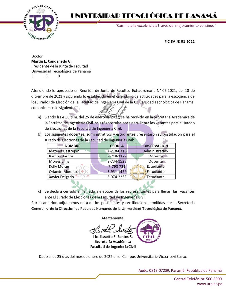 Cierre de Postulaciones para llenar vacantes del Jurado de Elecciones de la Facultad de Ingeniería Civil