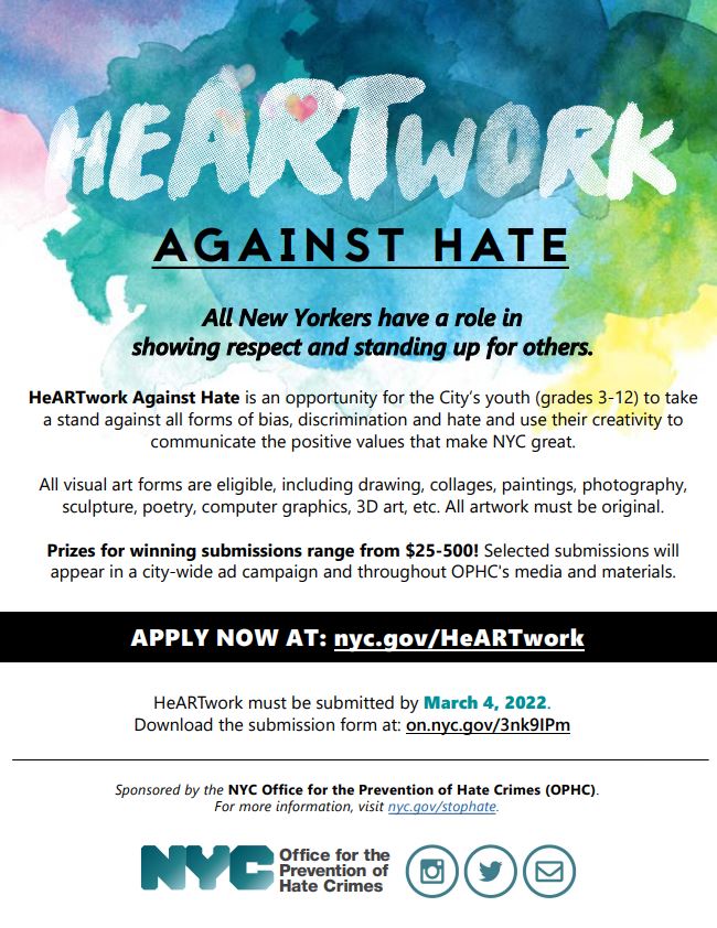 EricDinowitzNYC's tweet photo. Participate in @stophatenyc's #HeARTworkagainsthate ART CONTEST!
See the flyer for more information. You can also learn more and apply at: https://t.co/12WN7XWFnl
Your work must be submitted by March 4, 2022. https://t.co/BMAkMiqbCj