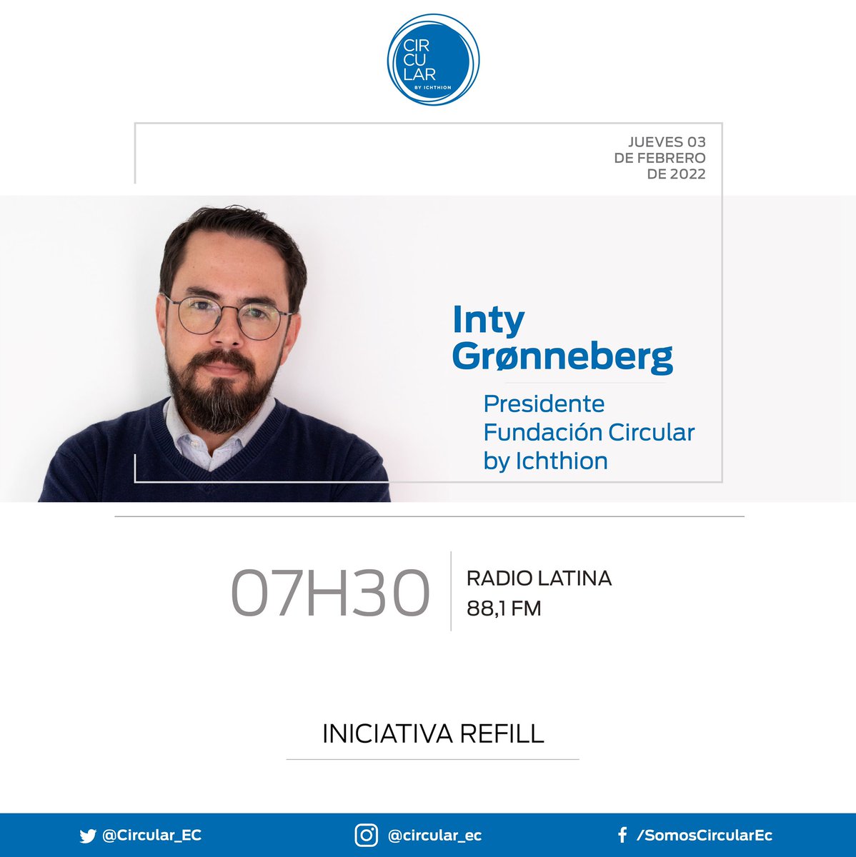 Refill_Ecuador's tweet photo. 🎙️ | Acompaña a @groninty, Presidente de @CircularEC mañana a las 07h30 en Radio Latina @PrimeraEcuador y conoce más sobre #Refill1000, nuestra meta que busca reducir el #plástico de un solo uso con una red de 1000 bebederos a nivel nacional. 💧

Síguela #EnVivo por la 88,1 FM https://t.co/VzXk4FjCCV