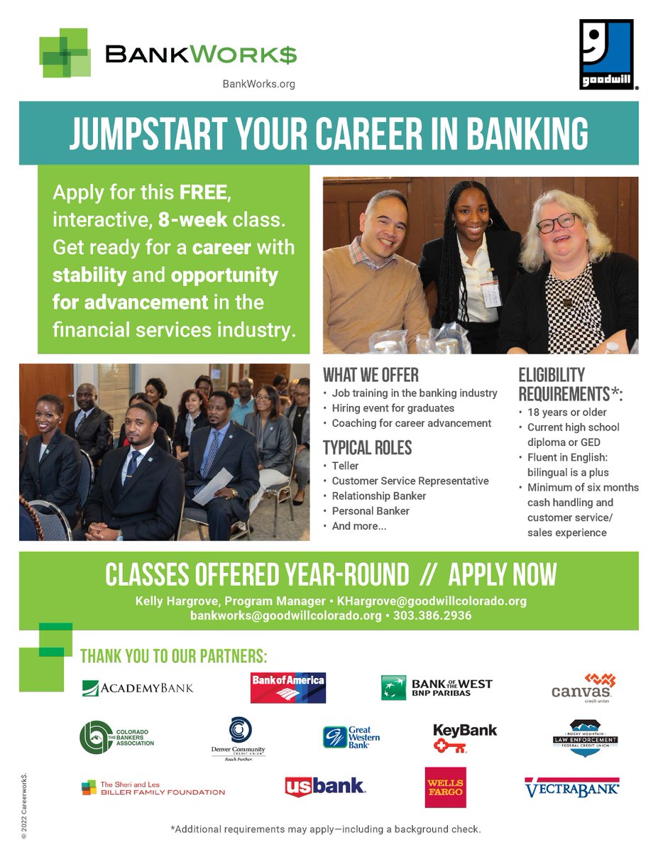 GoodwillofCO's tweet photo. Our first BankWork$ session of the year is starting up! Sign up today! Classes begin February 14 through April 8th. Contact our Manager, Kelly Hargrove 303-386-2936 for more information or visit our website: https://t.co/7qTs8RslUc #GoodwillColorado #BankWorks #BankJobs https://t.co/MOew4DhPD8