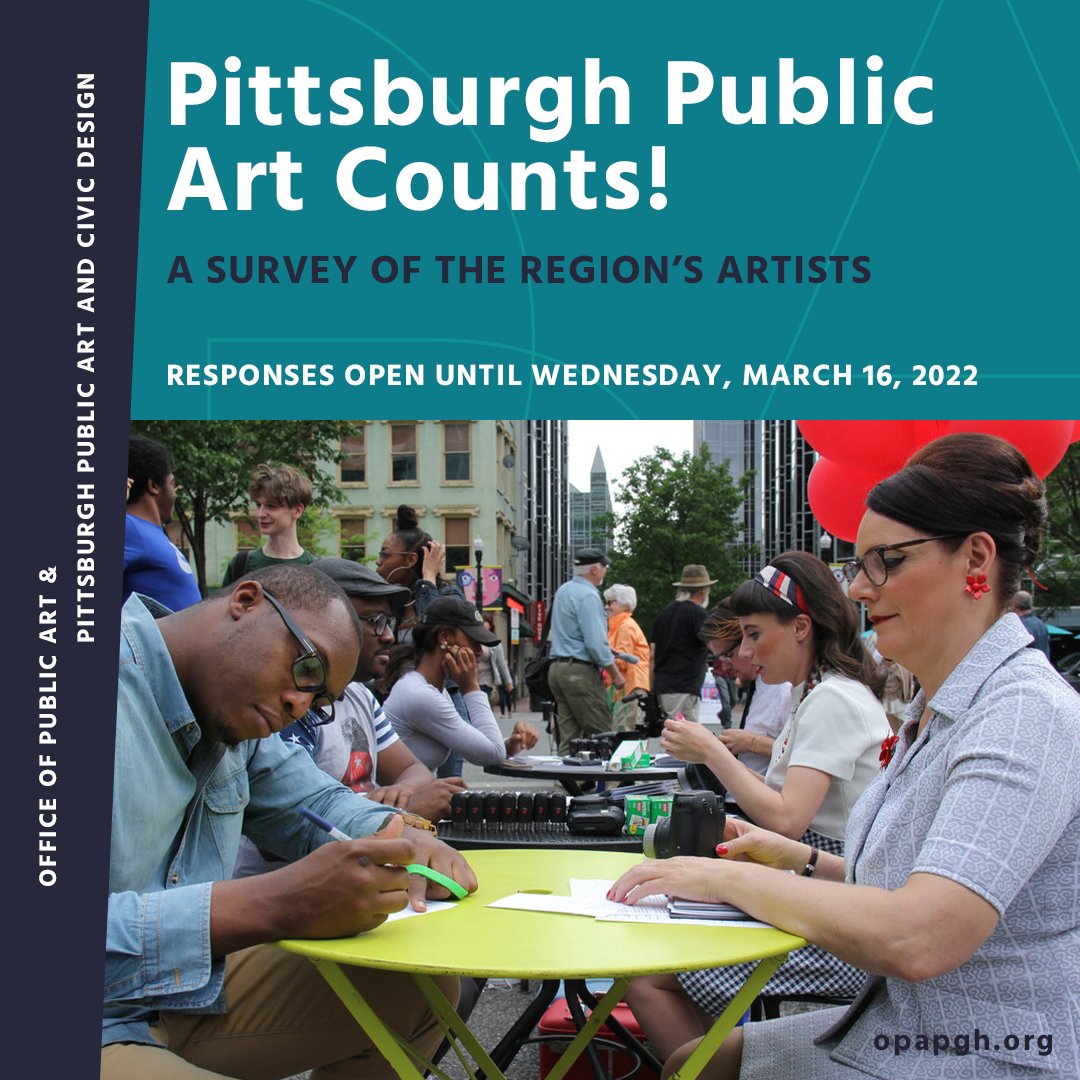 We have partnered with the @PittsburghOPA to release the PGH Public Art Counts survey for regional artists. We will use the survey to develop a framework for supporting artists and communities engaged in public art.

Take the survey through March 16! publicartcounts.org