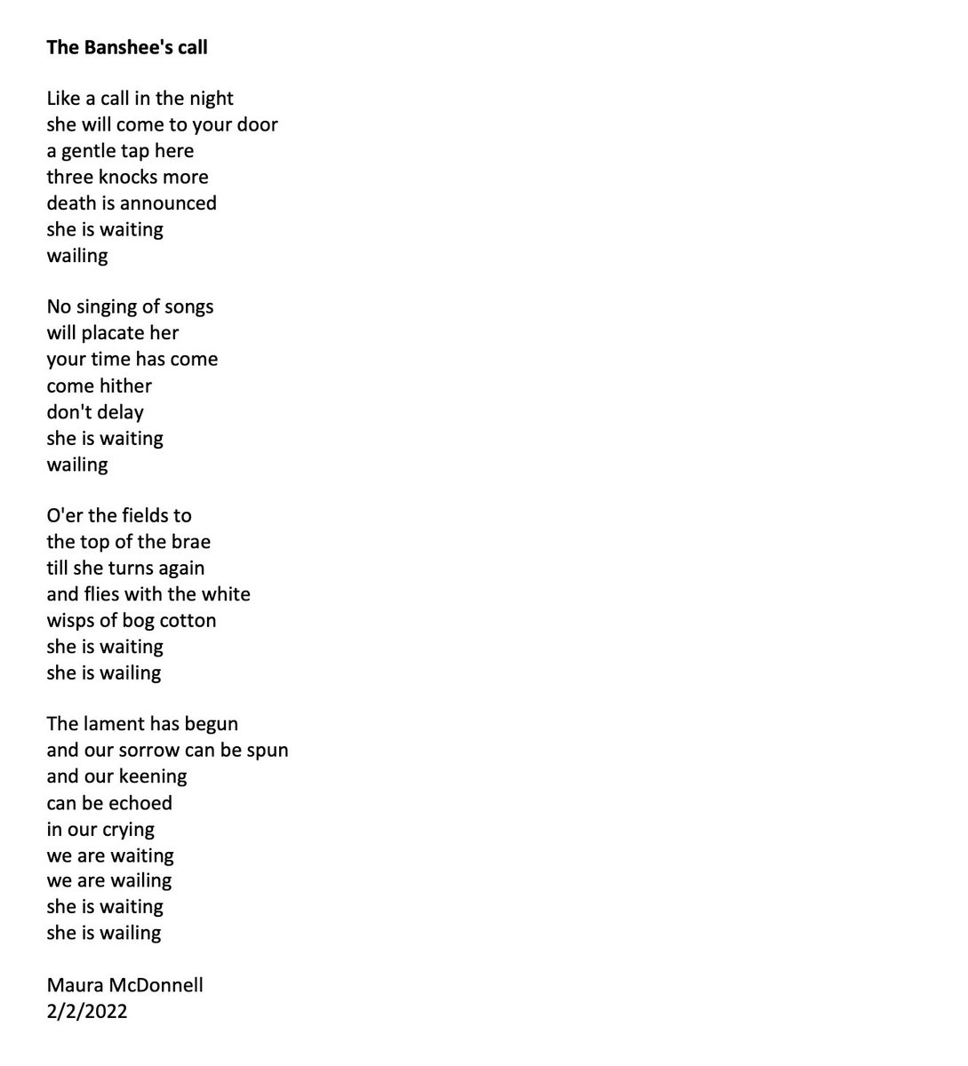Soundingvisual's tweet photo. A song poem I have written today for @AnneTSheridan1 #poetryprompt of #song for #PromptCombo. The title of the poem is 'The Banshee's Call' remembering nights as a child in Leitrim &amp; stories about the banshee from neighbours.  I hear this poem sung with pathos &amp; a downward melody https://t.co/7T5dX3KjHt