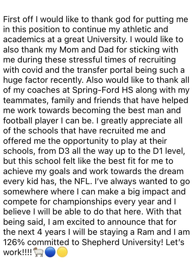 Harry_Adieyefeh's tweet photo. I am very blessed and excited to announce my commitment to Shepherd University! Can’t wait to ball with some of the best. Let’s work!!!#Team93 🐏🔵🟡@SURamsFootball @CoachMcCook @thomson_braden @CoachJCorrell @Coach_Faunteroy @CoachKline @CoachJKellar @CoachLukeWright @SFRamsFB https://t.co/z7TkInTphX
