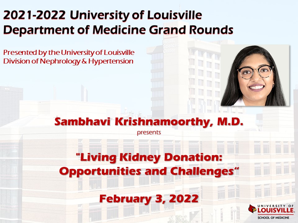 <a href="/beans_sam/">Sam Krishnamoorthy</a> of <a href="/UChiPritzker/">UChicago Pritzker School of Medicine</a> and <a href="/UChicagoMed/">UChicago Medicine</a> (and former <a href="/uoflmedschool/">UofL Med School</a> IM resident) will present "Living #Kidney Donation: Opportunities and Challenges" at <a href="/UofL/">University of Louisville</a> Medicine Grand Rounds. Don't miss it! #WeAreUofL #PowerOfU

🕗📅 8 a.m. Thursday, Feb.3
👀💻 bluejeans.com/891278558/2699