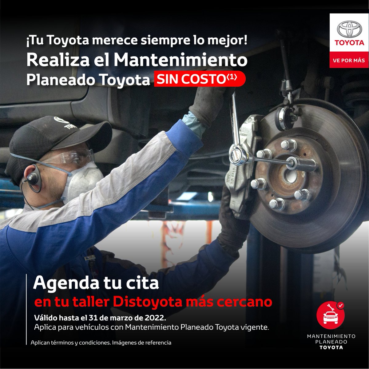 Sabemos que para ti el cuidado y mantenimiento de tu Toyota es muy importante. Por eso extendemos nuestra campaña, agenda tu cita en tu concesionario Distoyota más cercano y realiza el Mantenimiento Planeado Toyota SIN COSTO(1). Regístrate aquí taller.distoyota.com/mpt/ Aplican TyC