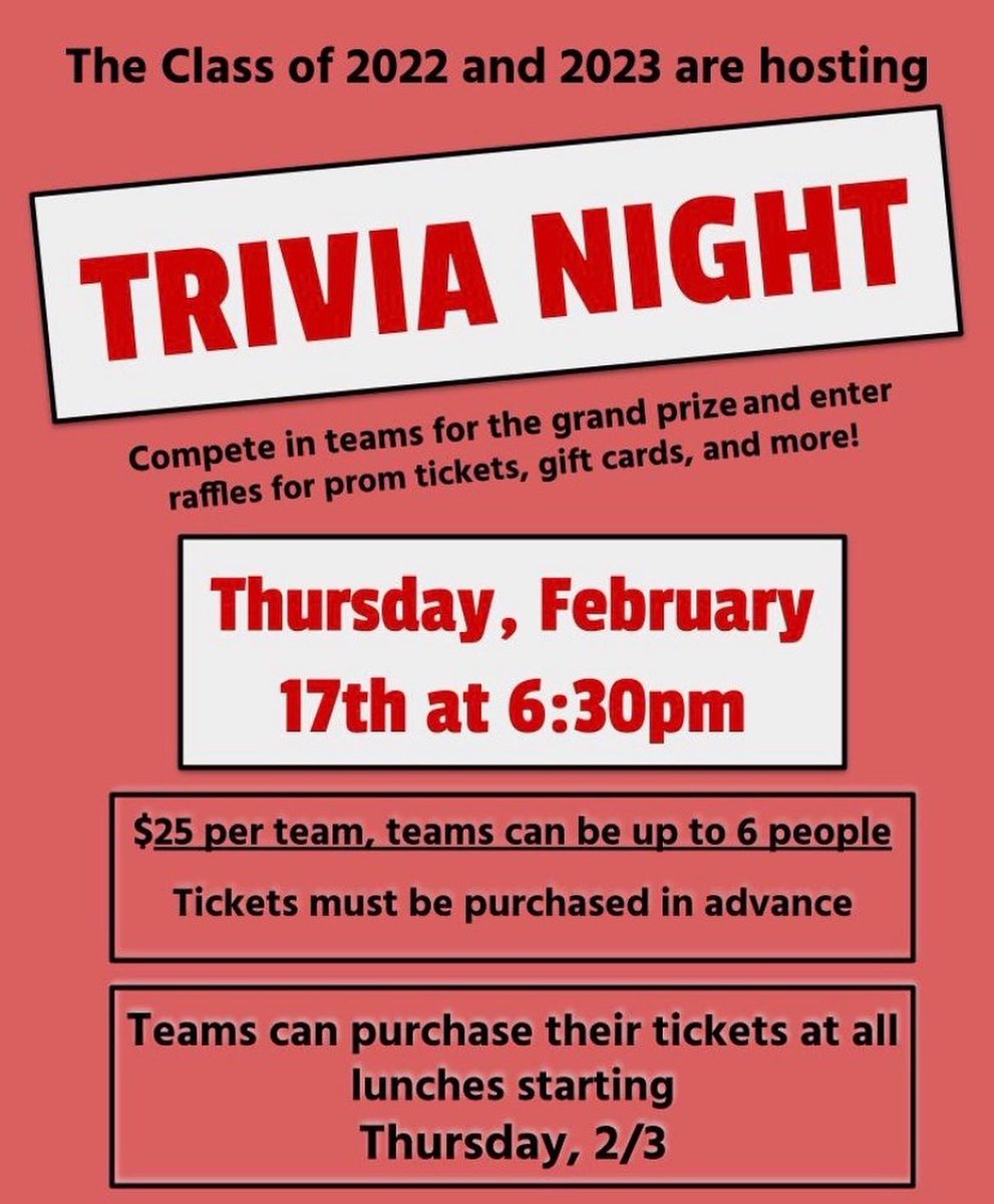We’re hosting a trivia night with <a href="/wh_classof2023/">WH SENIORS 2023</a> on 2/17! Cost of $25 per team with up to 6 members (students and teachers are welcome to join) We will also be raffling off prom tickets, gift cards, and more! Team sings ups and tickets will be sold at lunches starting tomorrow!!