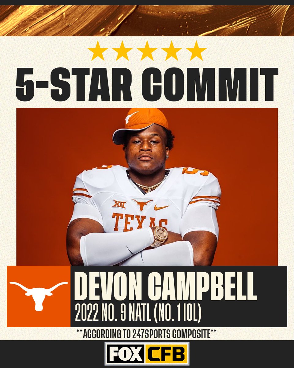 FOX College Football (@cfbonfox) on Twitter photo 🤘🤘🤘
The No. 9 player in the 2022 class, <a href="/d1campbell_/">Devon J. Campbell</a>, has committed to <a href="/TexasFootball/">Texas Football</a>! 🤘🤘🤘
The No. 9 player in the 2022 class, <a href="/d1campbell_/">Devon J. Campbell</a>, has committed to <a href="/TexasFootball/">Texas Football</a>!