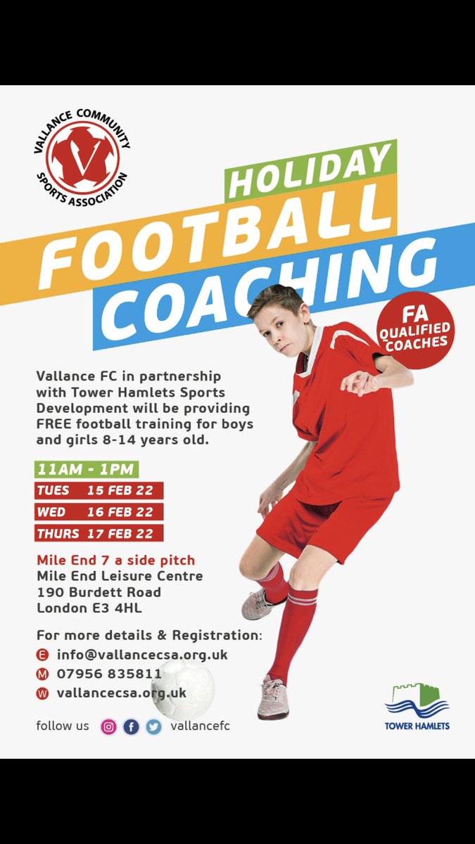 We are back after a successful 2021 of FREE football coaching sessions at the Mile End 7 a side pitches for the February 2022 half term. 3 days of Fun Sessions by FA qualified coaches. For details of registration email: info@vallancecsa.org.uk ....#keepthemactive @towerhamletsnow