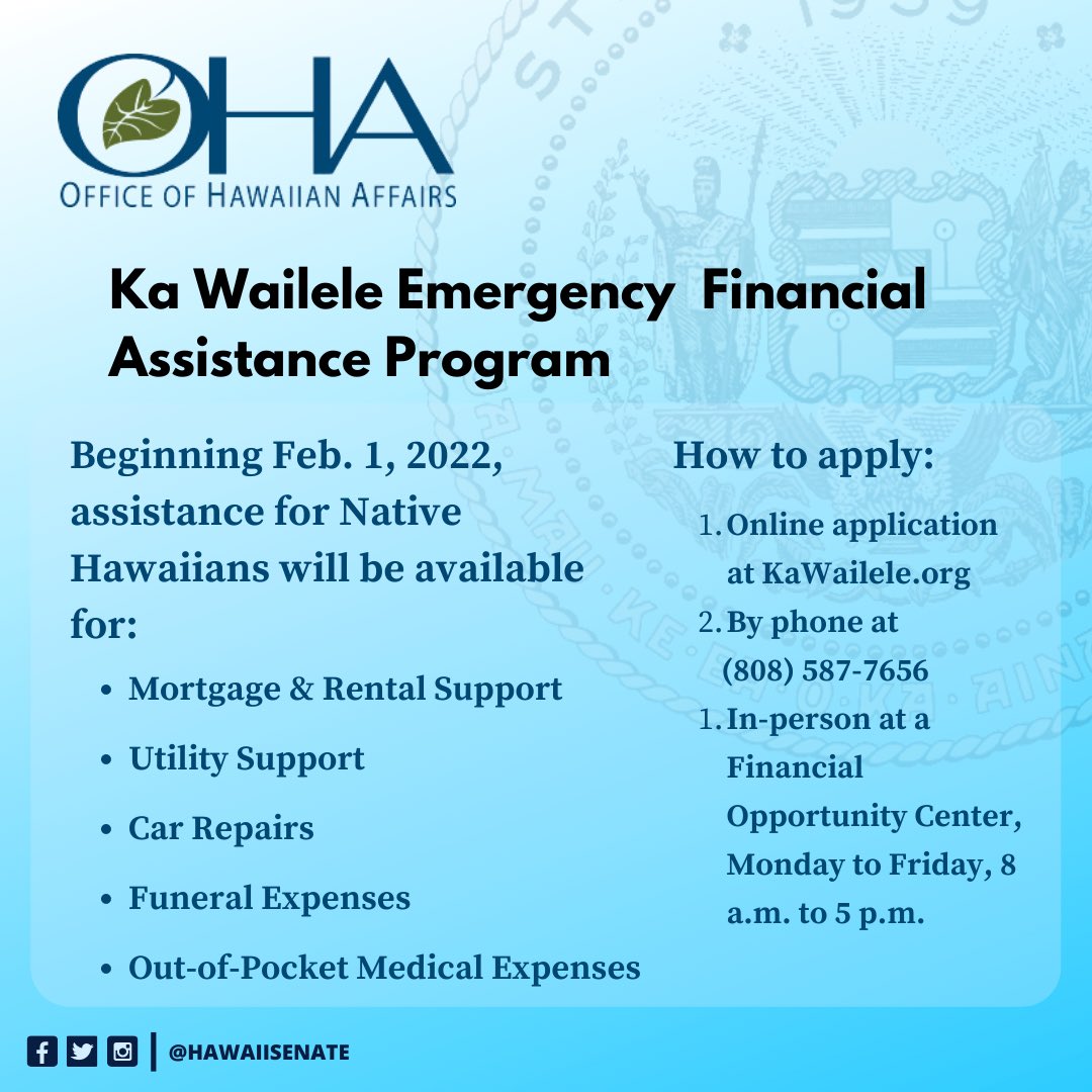 HawaiiSenate's tweet photo. Yesterday, ⁦@oha_hawaii⁩ begun accepting applications for it’s Ka Wailele Emergency Financial Assistance Program for Native Hawaiian’s in need.

To apply visit: https://t.co/7FrYlSHPGm https://t.co/3Tfsnph4Da