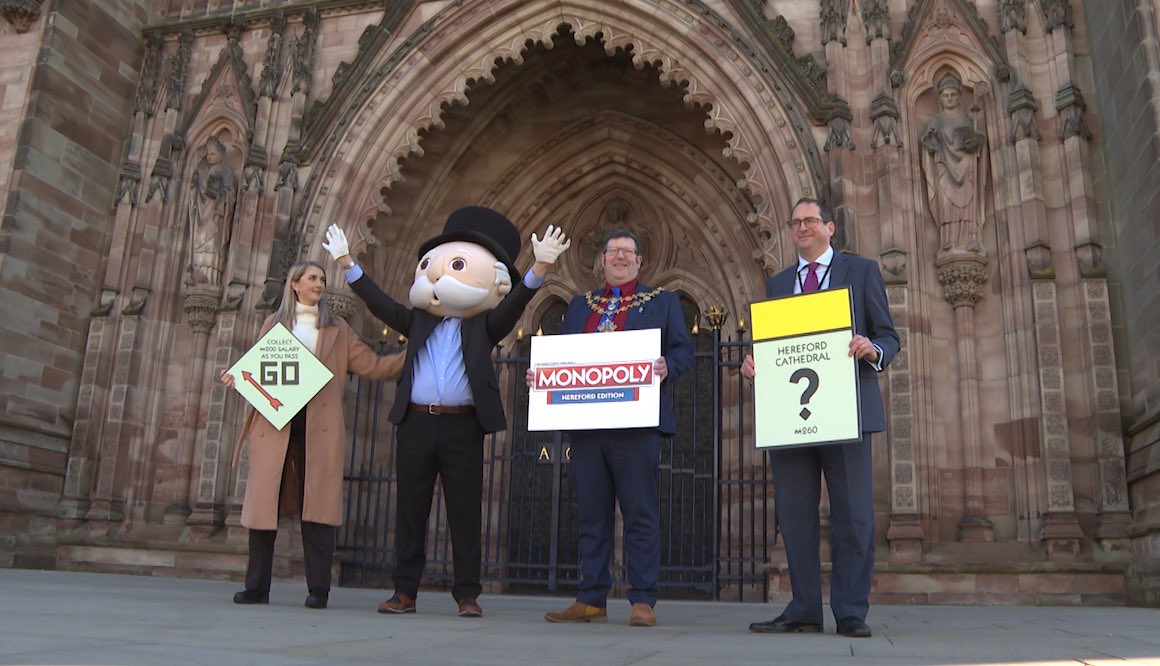 sarahkilwilITV's tweet photo. Mr Monopoly has swaggered into Hereford, which will have its own special edition game 😍 You need to vote which Hereford hotspots you want to see on the board 🔥 @JackJones_ITV &amp; I have trekked around the city filming today and what a place it is 😍 More on @ITVCentral at 6 📺 https://t.co/OP74Kc3anp