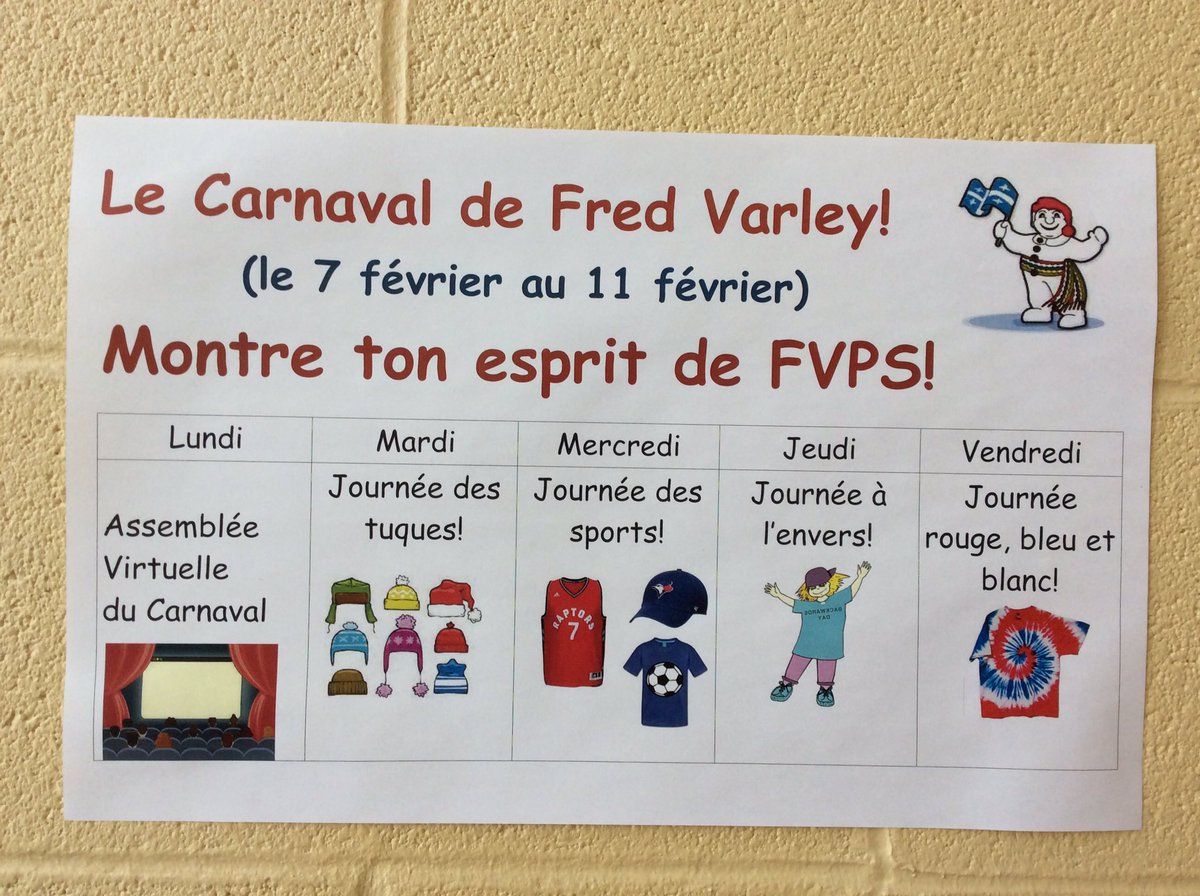 Le Carnaval de <a href="/FredVarley/">Fred Varley P.S.</a> est la semaine prochaine! Lots to do for Carnaval spirit week! You can also wear ROUGE pour Fred! ⛄️❄️⛸🏒