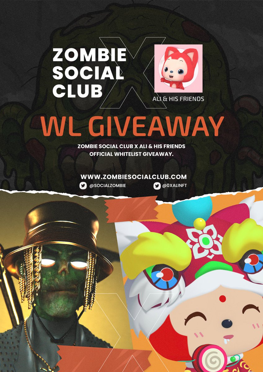 ZOMBIESOCIALCLUB 🧟♂️ (@zscnfts) on Twitter photo We're excited to team up with <a href="/0xALINFT/">ALI & HIS FRIENDS</a> & give our community the chance to join their WL. We have 10 WL spots to give away and will pick winners in 24hr.
1. Follow <a href="/SocialZombie/">Social Media Zombie</a> <a href="/0xALINFT/">ALI & HIS FRIENDS</a>
2. LIKE/RT + Tag 3 frens
3. Join discord.gg/alinft & discord.gg/zombiesocialcl… We're excited to team up with <a href="/0xALINFT/">ALI & HIS FRIENDS</a> & give our community the chance to join their WL. We have 10 WL spots to give away and will pick winners in 24hr.
1. Follow <a href="/SocialZombie/">Social Media Zombie</a> <a href="/0xALINFT/">ALI & HIS FRIENDS</a>
2. LIKE/RT + Tag 3 frens
3. Join discord.gg/alinft & discord.gg/zombiesocialcl…