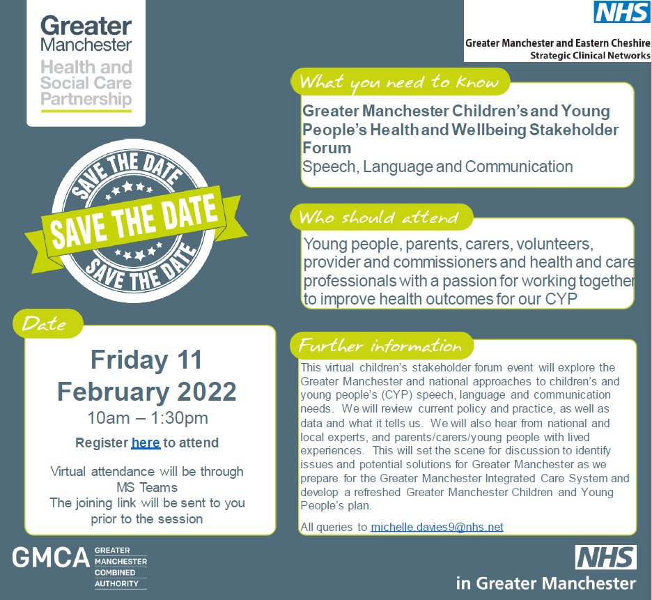 Speech, Language and Communication is the topic at this GM CYP Health and Wellbeing Stakeholder Forum, book on here: events.england.nhs.uk/events/gm-chil… #GM