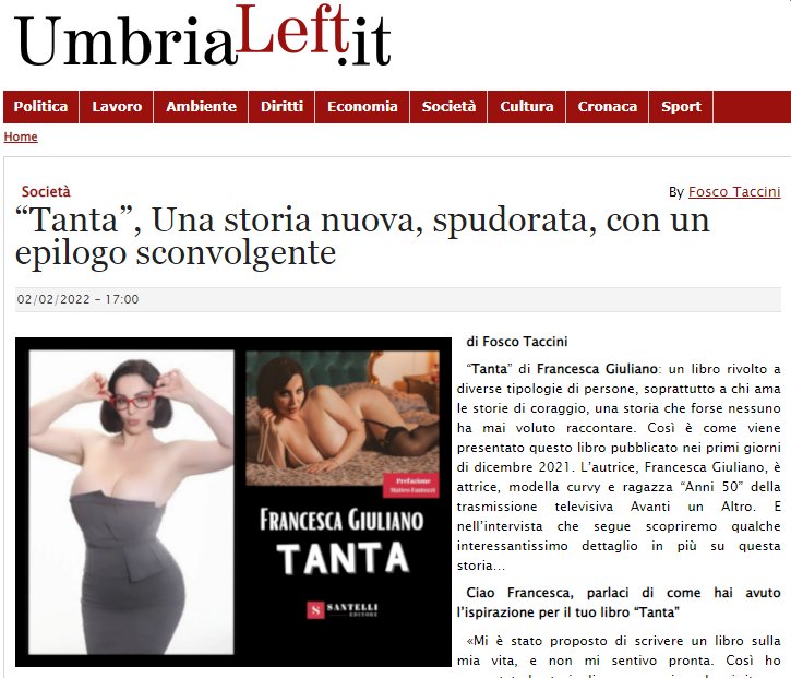 FoscoTaccini's tweet photo. Oggi su @umbrialeft la mia intervista a Francesca Giuliano per scoprire il suo libro "Tanta" e molto di più...

🎙📰📚Link: https://t.co/USXsSN5oQS

@francesca_2015
#curvymodels #books https://t.co/k7teUCkZph