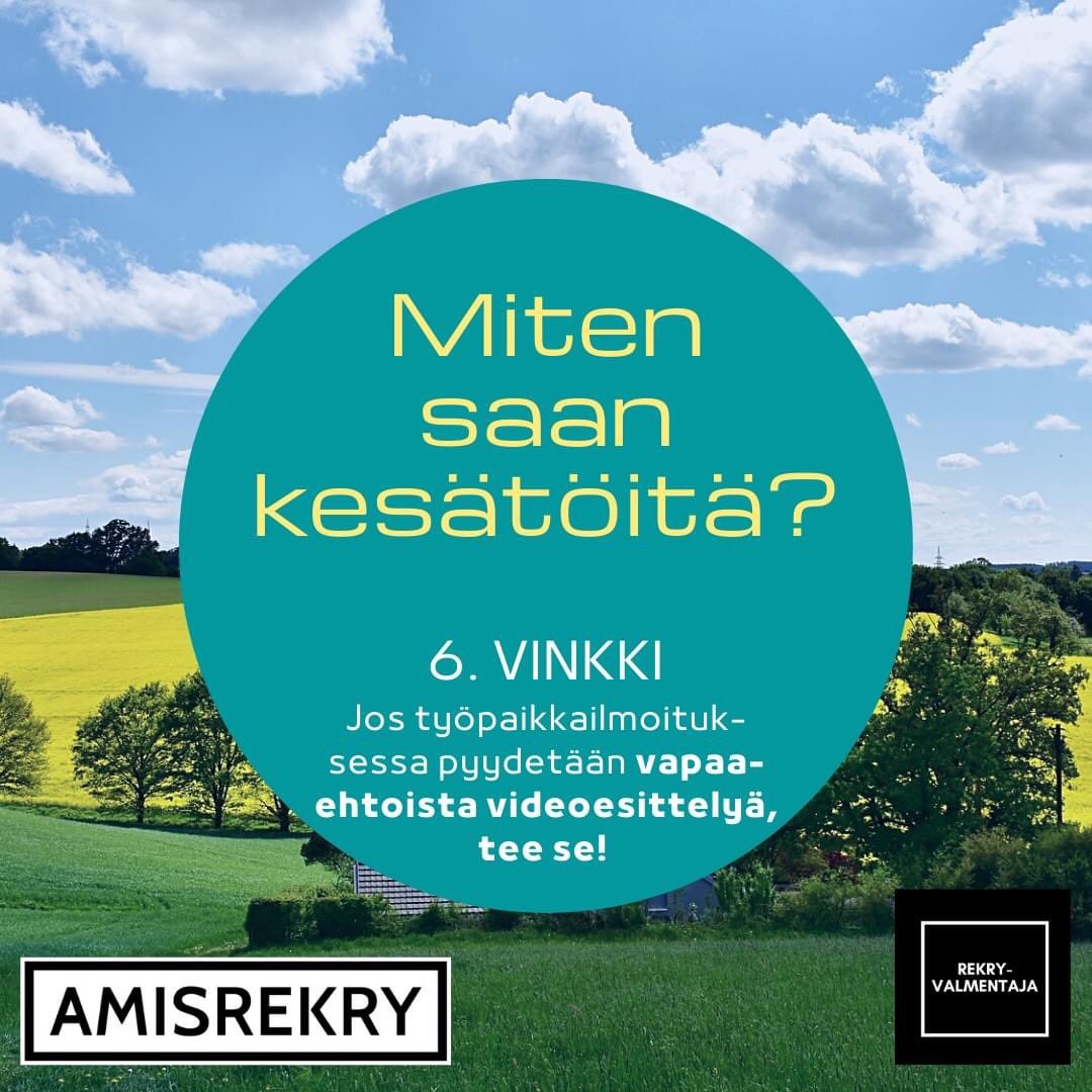 Amisrekry's tweet photo. 6. Vinkki: Jos työpaikkailmoituksessa pyydetään vapaaehtoista videoesittelyä, tee se! Älä ole liian kriittinen itsellesi. Harva meistä nauttii videolla esiintymisestä. Työnantaja haluaa nähdä, että uskallat tehdä itsestäsi videon. 
#kesätyö https://t.co/wHoLdMP7Lc