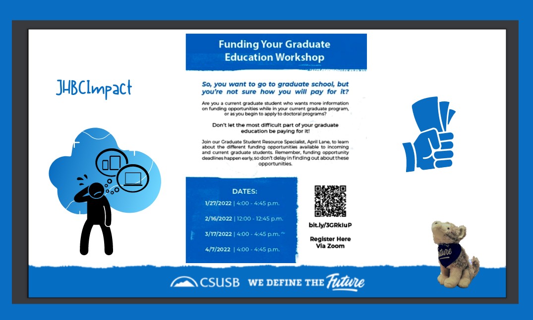 MarketingCSUSB's tweet photo. Interested in grad school but aren't sure how to afford it? Check out this virtual workshop. Register for one of the 4 dates the workshop is offered via the QR code. #fundinggradschool #affordablemba #bestmba #mba #csusb #csusbmba #csusb #jhbc #jhbcimpact #yotes #coyote4life https://t.co/RLMUUkdfE9
