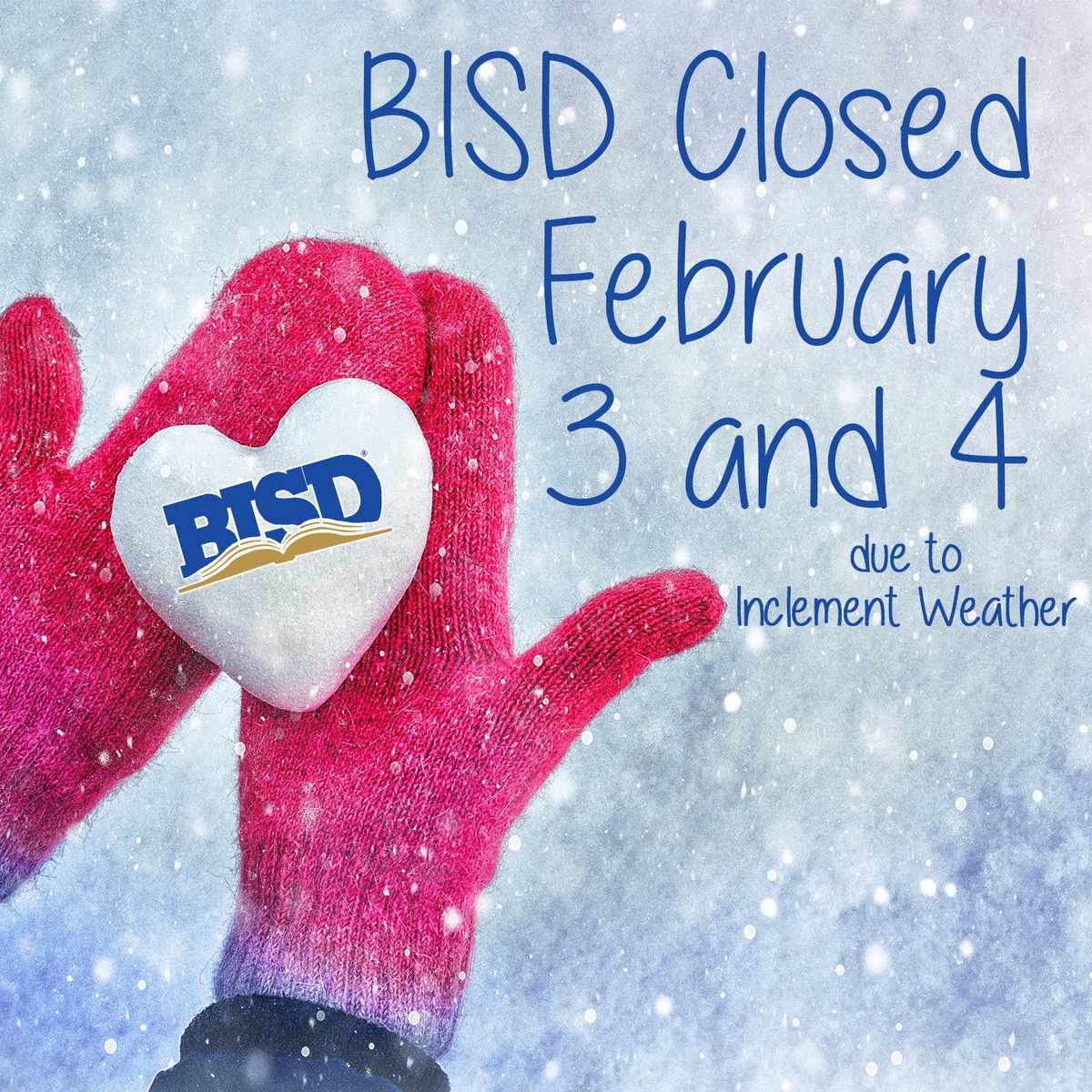 BirdvilleISD's tweet photo. #BISDAlert Due to the current winter weather conditions, BISD will be closed Thursday, Feb. 3 and Friday, Feb. 4. After 5 p.m. today and during the closure, UIL and extracurricular activities are canceled. See https://t.co/dj8dzlQJYW for updates. https://t.co/EekM3zLtCj
