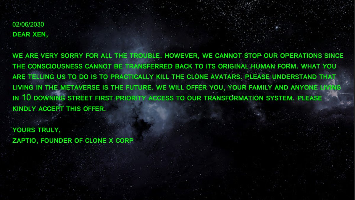 0xtamatama's tweet photo. @Zaptio I'm a sci-fi fantasy writer from Taiwan. would love to be involved in creating the storyline for clone x. Here is a short story I created. Last image/ storyline will be attached separately as a reply. thank you!  
#RTFKTstudios #clonex #family https://t.co/olUiwGzlaK