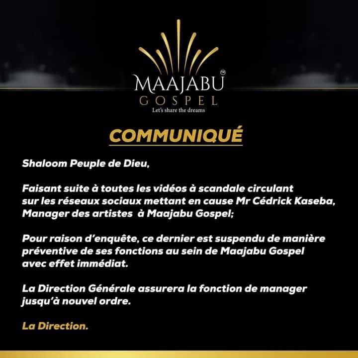 JienelSpotlight's tweet photo. #RDC: "Faisant suite à toutes ls vidéos à scandale circulant sur ls réseaux sociaux mettant en cause Mr Cédrick #Kabesa, Manager ds artistes à @Maajabu_Gospel. Pour raison d'enquête, c dernier est suspendu d manière préventive d ses fonctions au sein d Maajabu avk effet immédiat" https://t.co/8MK65r3Wzi