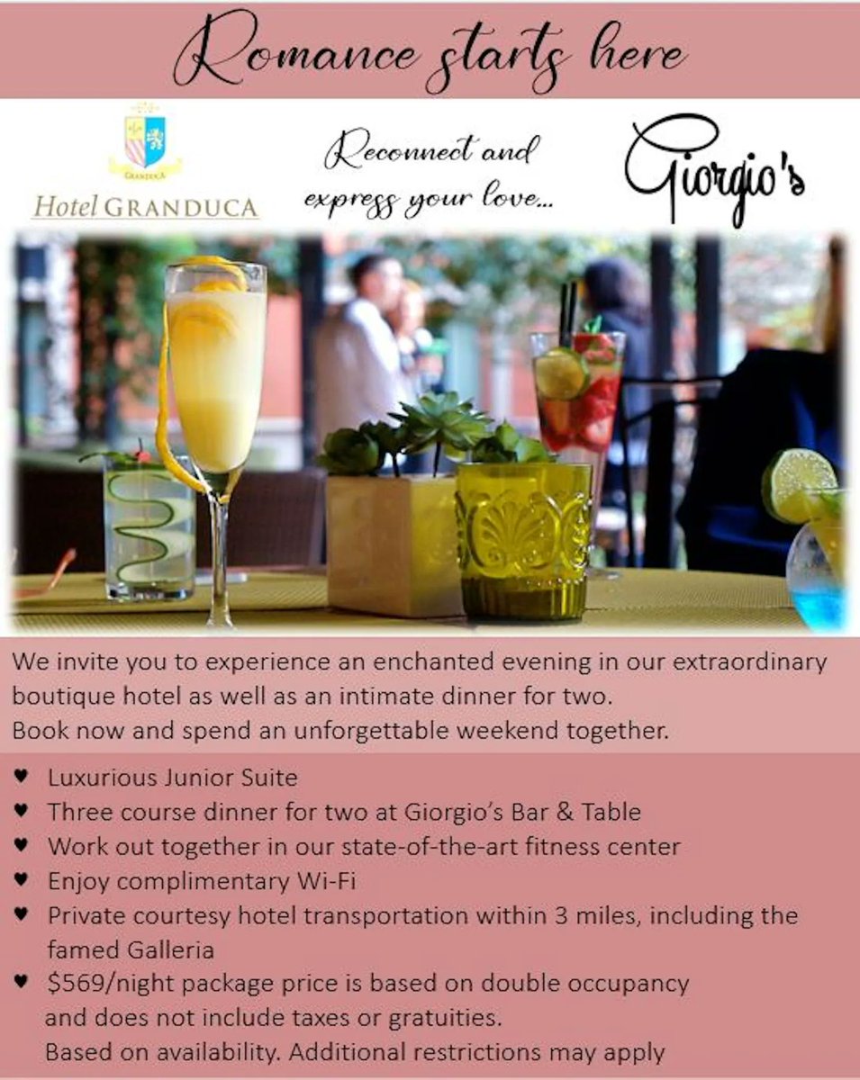 There is only one more week until #Valentines weekend! Reserve our Valentine’s Staycation package or a table for Valentine’s Day Afternoon Tea at #AlbaRistorante.
Call us at (713) 413-1000 to make a reservation or for more information. Reservations are required.

#hotelgranduca