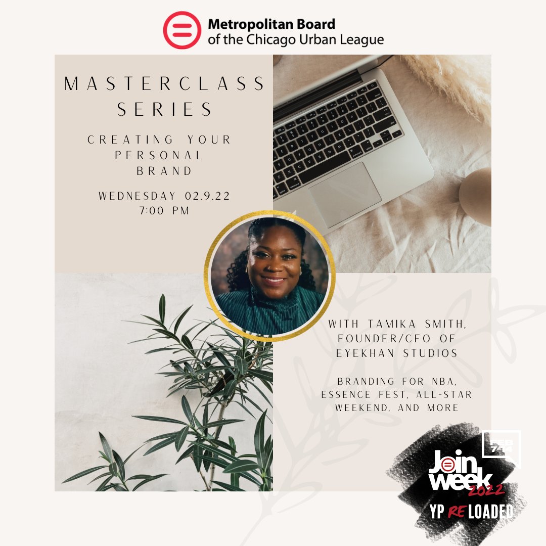 Next Wednesday! Join us as we kickoff our MasterClass Series on Personal Branding!

Our first guest speaker will be Tamika Smith, Founder/CEO of Eyekhan Studios. 

You'll want to be present for this!

To RSVP for this event and all Join Week events visit: linktr.ee/metroboardcul