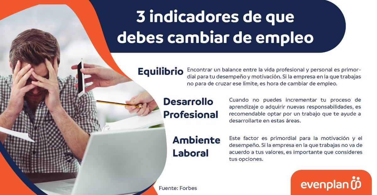 Evenplan's tweet photo. Es común que a veces nos preguntemos, ¿debería cambiar de empleo y buscar nuevas oportunidades?         
Para esclarecer esa duda, Evenplan te presenta tres indicadores que debes tomar en cuenta para analizar tus posibilidades.
 #ServiciosProfesionales #ServiciosEspecializados https://t.co/Y35KTjsdOo