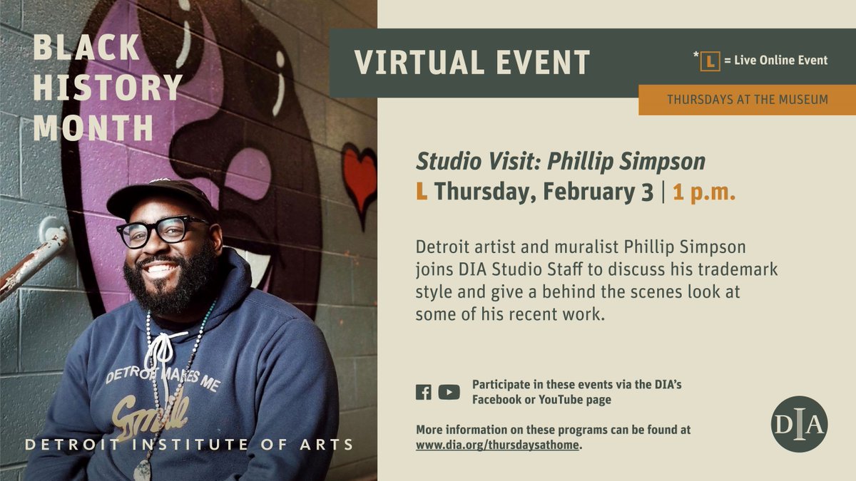 CityofDetroit's tweet photo. Join @DIADetroit for their virtual event featuring Detroit artist and muralist Phillip Simpson tomorrow at 1pm! As part of our City Walls program, Phillip's work can be seen across Detroit!
Learn more at https://t.co/GxCst9dxU0
#BlackHistoryMonth #HistoryRising #BlackHistoryDIA https://t.co/koj5H793t3