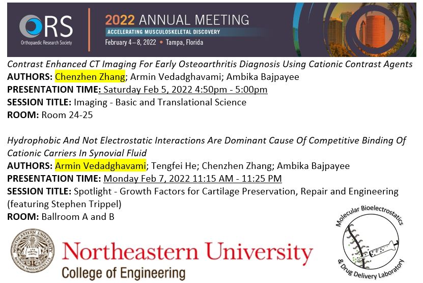 Don’t miss 2 podium presentations from our PhD candidates, @ChenzhenZhang and @vedadghavami, at #ORS2022 @ORSsociety. They will share our latest work on cationic contrast agents for early OA diagnosis and cationic peptide carriers for drug delivery to cartilage @AmbikaBajpayee