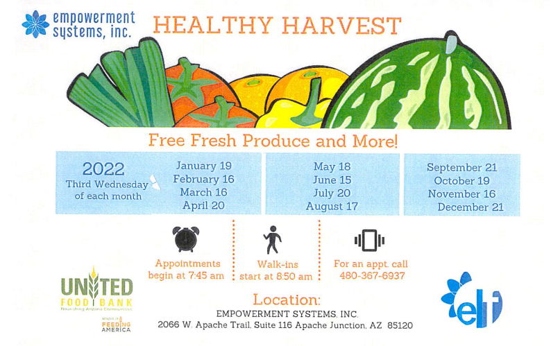 EmpowermentSys1's tweet photo. We are proud to be back! Looking for current Healthy Harvest dates? Mark those 2022 calendars!
#ApacheJunction #health #SNAP #foodbank #Arizona #nonprofit https://t.co/rsqINvEGDV