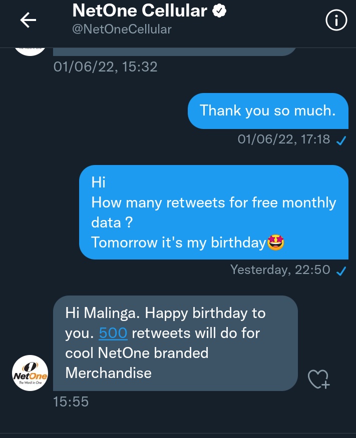 <a href="/NetOneCellular/">NetOne Cellular</a> wished me a happy birthday 🤩
500 retweets will do for cool Netone branded Merchandise.
Hence, I beg for your support to reach 500 retweets.
<a href="/nelsonchamisa/">nelson chamisa</a> 
<a href="/penzura_wacho/"> Pᴇɴᴢᴜʀᴀ_Wᴀᴄʜᴏ </a> 
@hatiperi_jnr