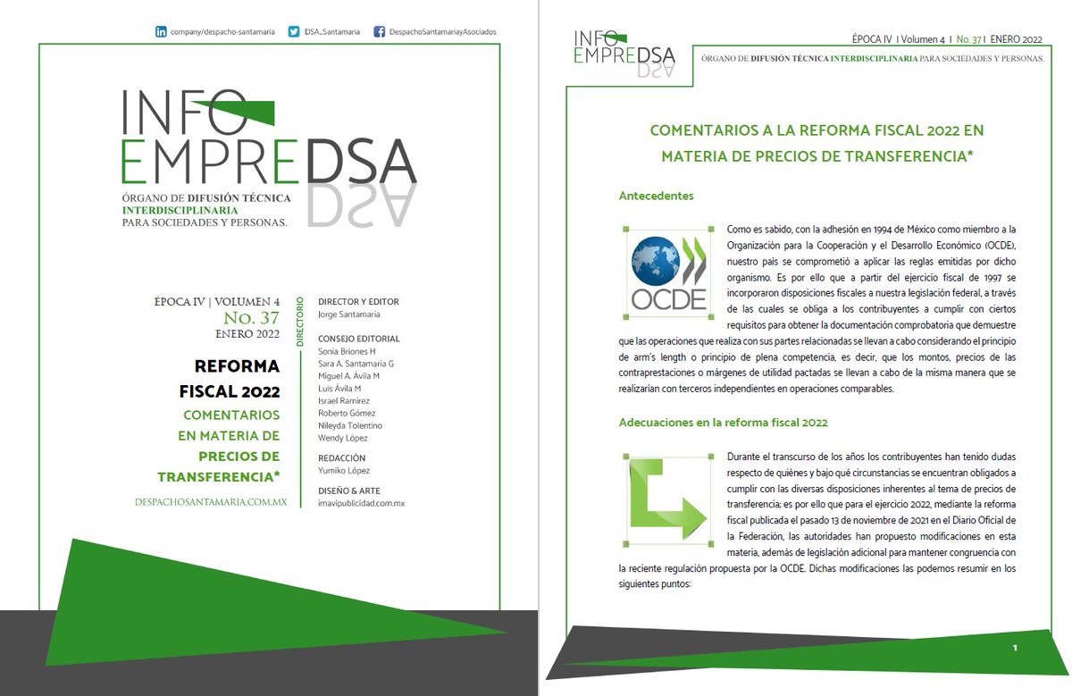 DSA_Santamaria's tweet photo. ✔ Estimada comunidad, les invitamos a consultar INFOEMPREDSA #37: COMENTARIOS A LA REFORMA FISCAL 2022 EN MATERIA DE PRECIOS DE TRANSFERENCIA. Comenta y descarga en: https://t.co/kOrBhV15rX #reformafiscal2022 #PreciosDeTransferencia #contadores #empresarios #abogados https://t.co/nMQlOrNUme